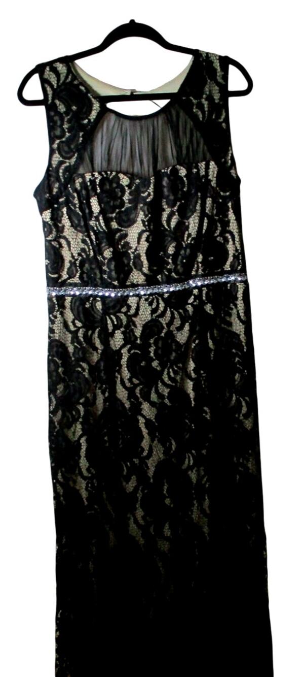 Enfocus Women's Black Lace Beaded Waist Sleeveless Lined Long Dress NWT Size 14